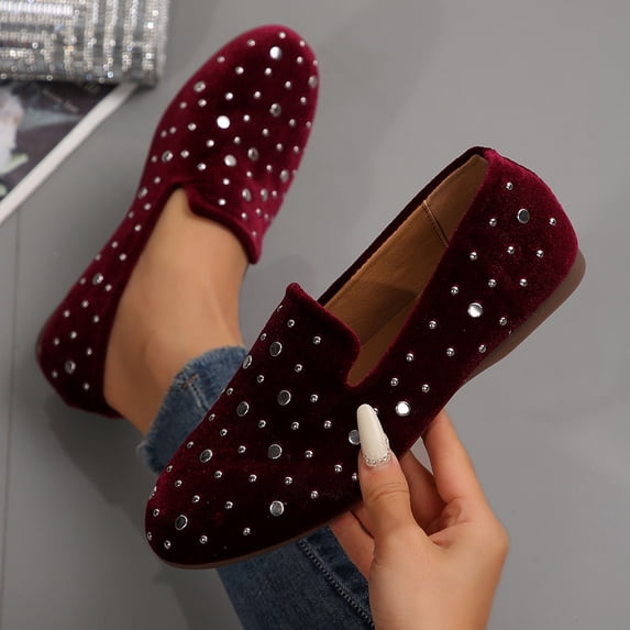Xucatan Women's Velvet Rhinestone Loafers, Sparkly Studded Round Toe Flats, Cushioned Comfortable Slip On Shoes for Office Daily Spring Gift