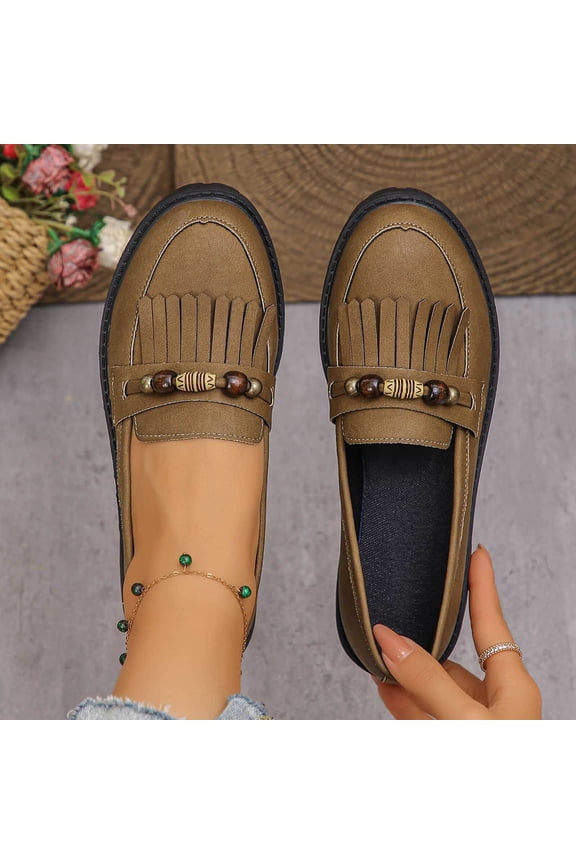 Women's Vintage Fringe Loafers, Round Toe Tassel Slip On Flats with Beaded Strap Detail, Chunky Sole Comfortable Shoes, Versatile British Casual Style Gift