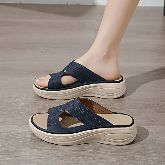 Xucatan Women's Wedge Sandals, Cushioned Perforated Mule with Rhinestone Accents, Casual Spring Summer Slip On Footwear, Versatile Round Toe Design for Daily Leisure Gift