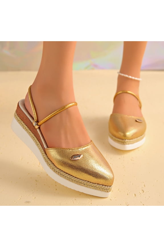 Women's Wedge Sandals Dressy, Metallic Shimmer Closed Toe Mule with Ankle Strap, Spring Summer Casual Walking Footwear, Lightweight Woven Platform Design for Vacation Outfits Gift