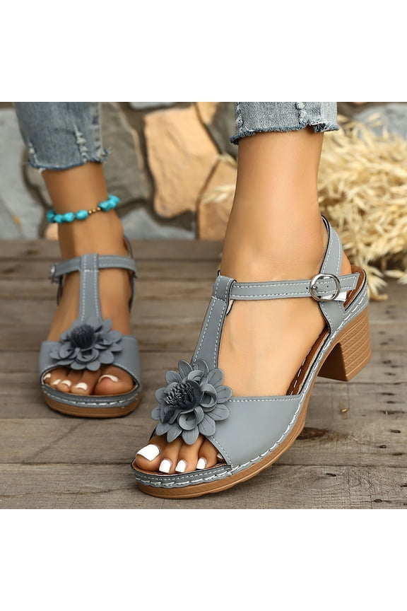 Women's Wedge Sandals, Flower Embellished Peep Toe T-Strap Shoes, Block Heel Summer Beach Footwear, Versatile Casual Dressy Style Gift