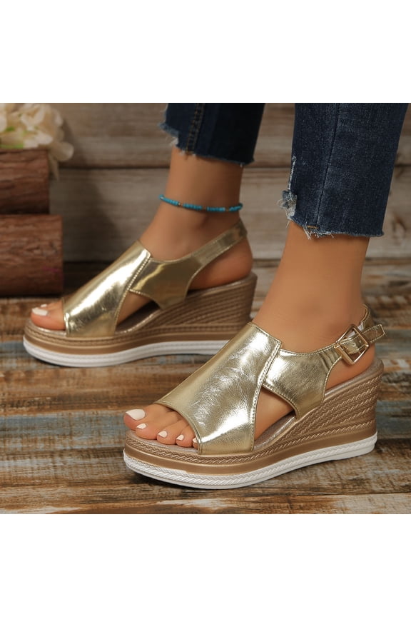 Women's Wedge Sandals, Glamorous Metallic Crisscross Strap Footwear, Adjustable Ankle Buckle for Summer Evening Events Gift