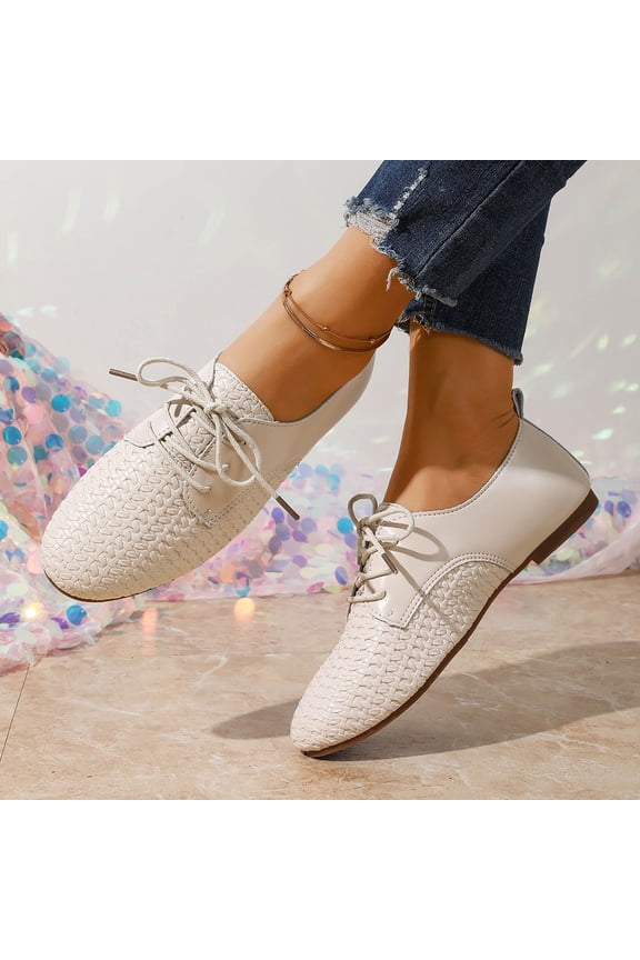Women's Woven Detail Lace up Flats with Heel Tab, Breathable Casual Walking Shoes with Flexible Flat Sole, Versatile Classic Color Sneakers for Fall Winter Commuting Gift