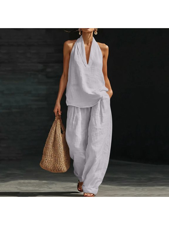 Womens 2 Piece Linen Set, Sleeveless Solid Top and Elastic Waist Pants, Casual Pocket Trousers, Summer Matching Outfit Gift