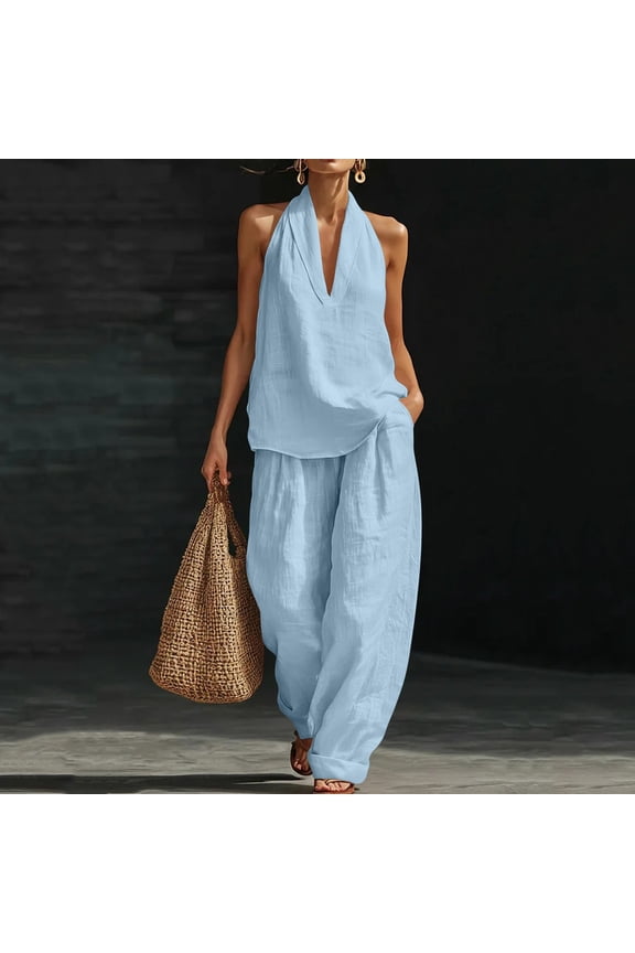 Womens 2 Piece Linen Set, Sleeveless Solid Top and Elastic Waist Pants, Casual Pocket Trousers, Summer Matching Outfit Gift