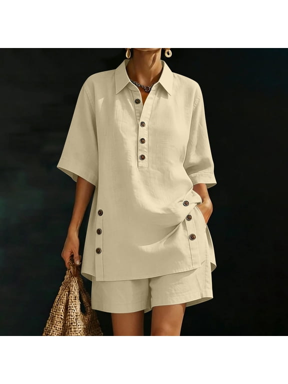 Womens 2 Piece Shorts Set, Button Down Collar Top and Elastic Waist Shorts, Solid Linen Blend Casual Outfit, Summer Matching Suit Gift