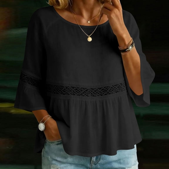 Xucatan Womens 3/4 Sleeve Blouse, Solid Linen Blend Round Neck Top, Floral Embroidered Detail Ruffled Hem Casual Summer Shirt Gift