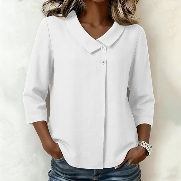 Xucatan Womens 3/4 Sleeve Button Top, Solid Washed Linen Blend Lapel Blouse, Casual Wrinkle Finish Shirt, Breathable Summer Tunic Gift