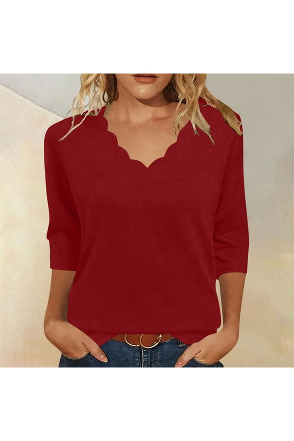 Womens 3/4 Sleeve Top, Relaxed Fit Wave Hem Neckline Blouse, Loose Casual Pullover Shirt, Soft Summer Tunic Gift