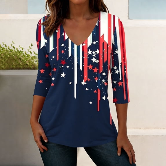 Xucatan Womens 3/4 Sleeve V Neck American Flag T-Shirts 4th of July Independence Day Summer Graphic Tee Top Gift