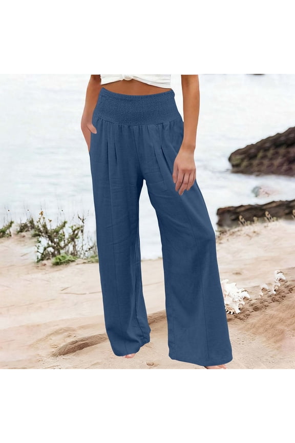 Womens Beach Pants, Solid Elastic Waist Linen Blend Trousers, Casual Comfy Long Bottoms with Pockets, Vacation Summer Pants Gift
