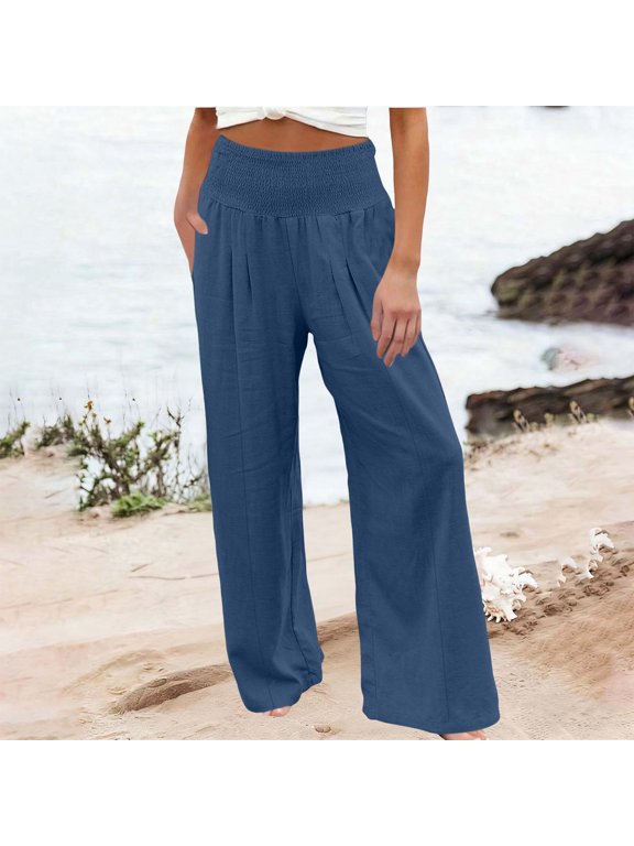 Womens Beach Pants, Solid Elastic Waist Linen Blend Trousers, Casual Comfy Long Bottoms with Pockets, Vacation Summer Pants Gift