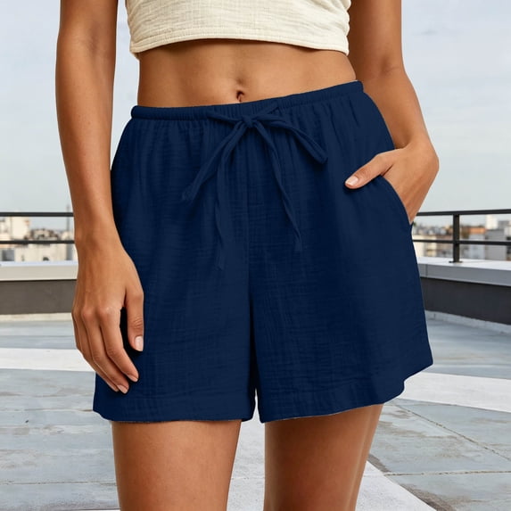Xucatan Womens Beach Shorts, Solid Linen Blend Drawstring Elastic Waist Shorts, Pleated Loose Comfy Pockets, Casual Summer Bottoms Gift