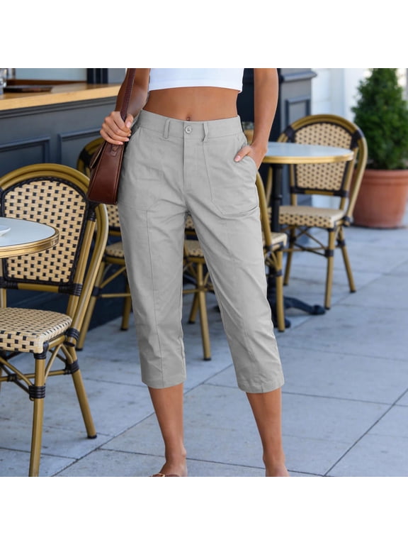 Womens Cargo Capris, Solid High Waisted Casual Work Pants, Cropped Stretch Trousers with Pockets, Summer Comfy Bottoms Gift