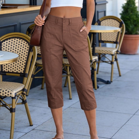 Xucatan Womens Cargo Capris, Solid High Waisted Casual Work Pants, Cropped Stretch Trousers with Pockets, Summer Comfy Bottoms Gift