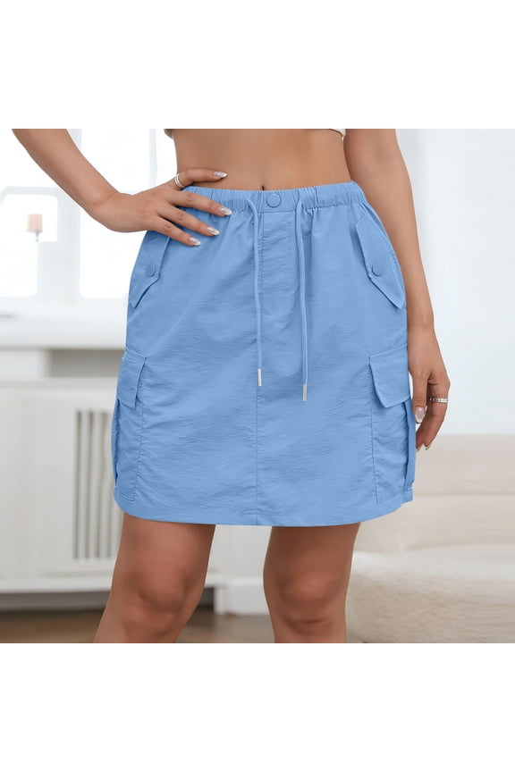 Womens Cargo Skirt, Solid Elastic Waist Drawstring Short Skirt, Button Pocket Utility Bottom, Casual Summer Mini Skirt Gift