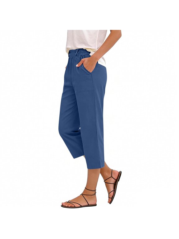 Womens Casual Cropped Pants, Solid Linen Blend Pleated Trousers, Elastic High Waist with Pockets, Loose Comfy Capris Gift