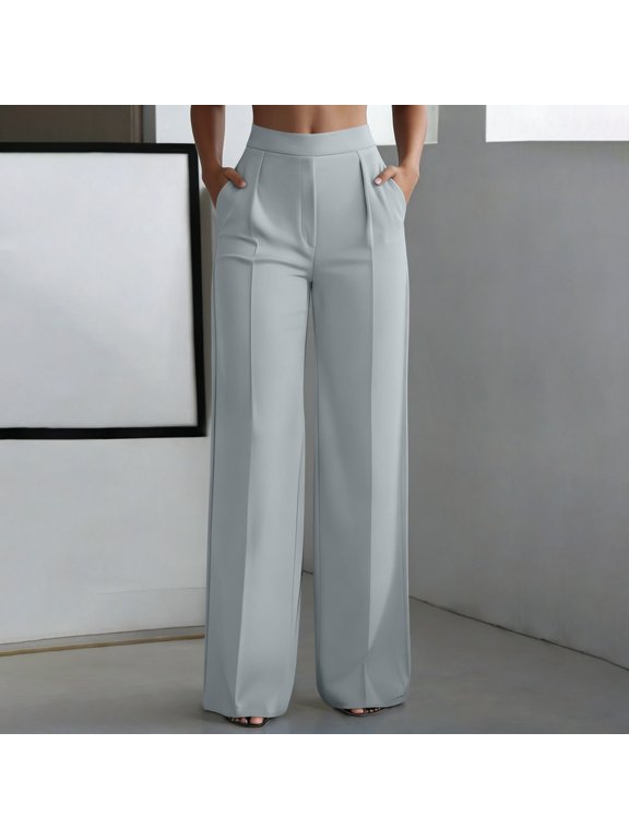 Womens Casual Pants, Solid High Waisted Elastic Straight Wide Leg Trousers, Stretch Work Bottoms with Pockets Gift