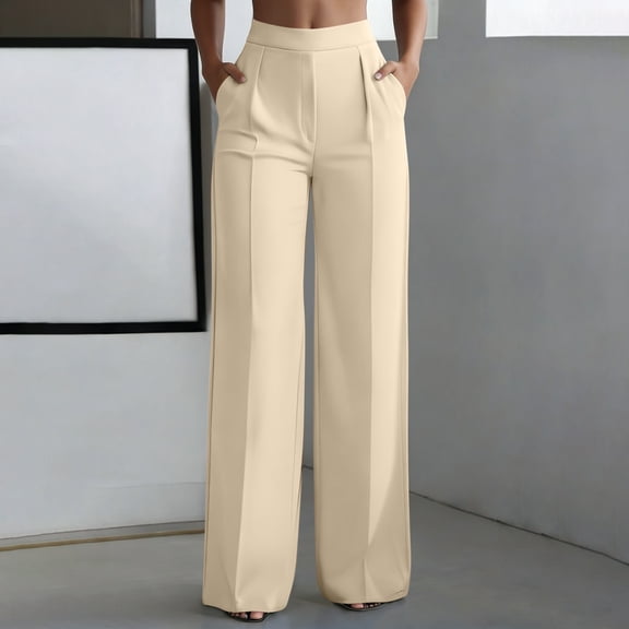 Xucatan Womens Casual Pants, Solid High Waisted Elastic Straight Wide Leg Trousers, Stretch Work Bottoms with Pockets Gift