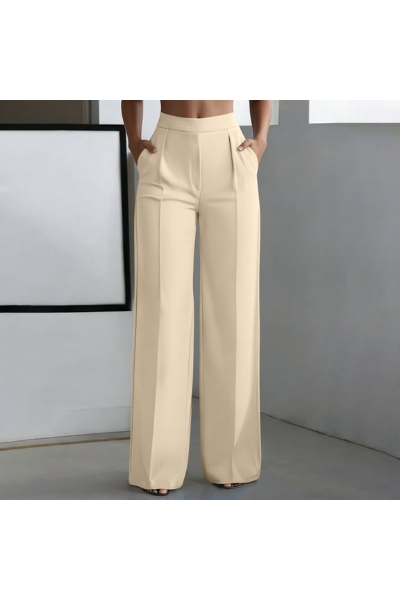 Womens Casual Pants, Solid High Waisted Elastic Straight Wide Leg Trousers, Stretch Work Bottoms with Pockets Gift