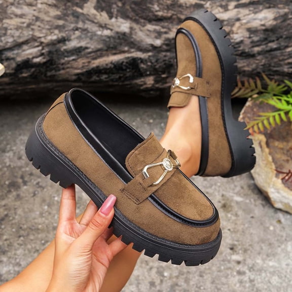 Xucatan Womens Chunky Platform Lug Sole Loafers Mid Heel Square Toe Dress Walking Work Shoes with Buckle Chain Gift