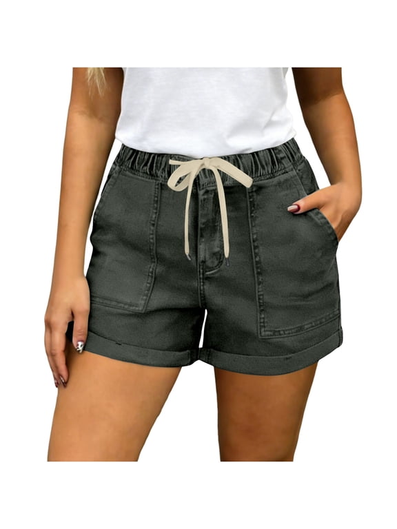Womens Denim Shorts, Solid Drawstring Loose Fit Shorts, High Waist Pocket Jeans Bottoms, Casual Summer Comfy Pants Gift