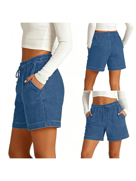 Womens Denim Shorts, Solid Stretch Elastic Waist Bottoms, Double Pocket Casual Leggings, Loose Fit Summer Short Pants Gift