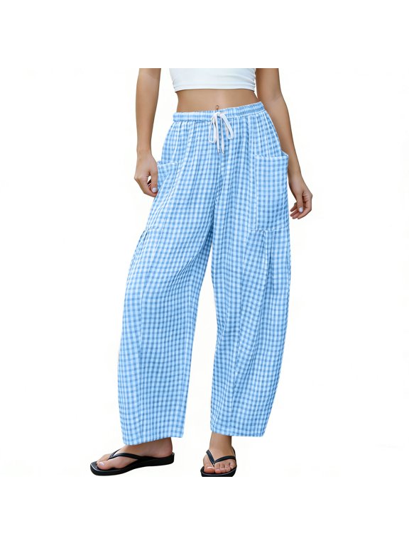 Womens Drawstring Cropped Pants, Solid Elastic Waist Casual Trousers, Ankle Length Bottoms with Pockets, Everyday Comfy Pants Gift