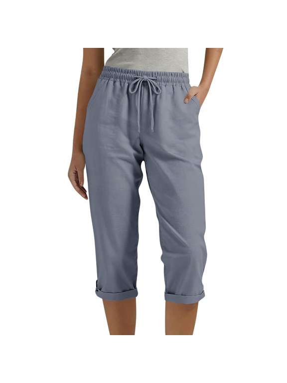 Womens Drawstring Cropped Pants, Solid Linen Blend Casual Trousers, Elastic Waist Comfy Capris with Pockets, Breathable Summer Bottoms Gift
