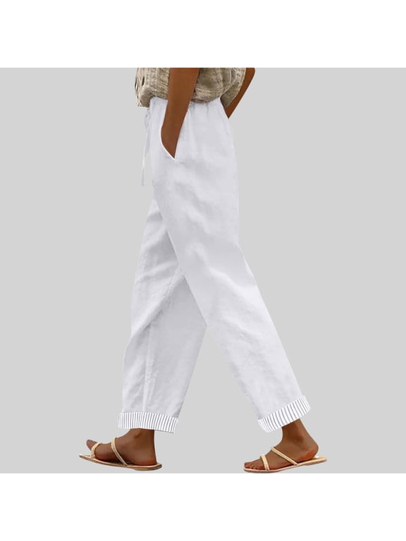 Womens Drawstring Wide Leg Pants, Solid Linen Blend Loose Trousers, Elastic Waist Casual Long Bottoms, Breathable Summer Pants Gift