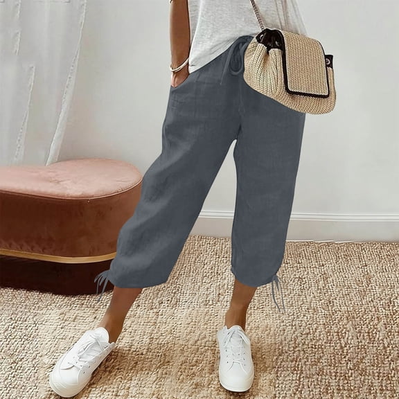 Xucatan Womens Elastic Waist Cropped Pants, Solid Washed Linen Blend Capris, Casual Comfy Bottoms with Pockets, Summer Trousers Gift