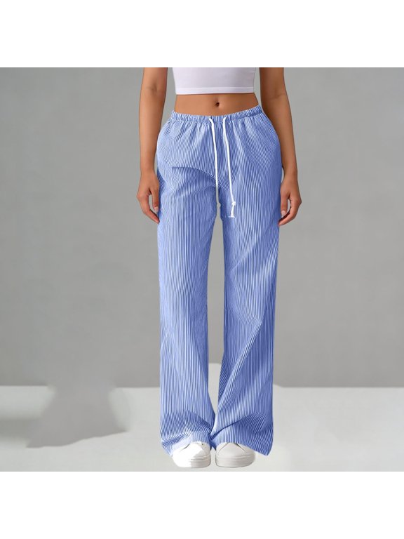Womens High Waisted Pants, Solid Elastic Smocked Wide Leg Trousers, Casual Work Bottoms with Pockets, Travel Hiking Pants Gift