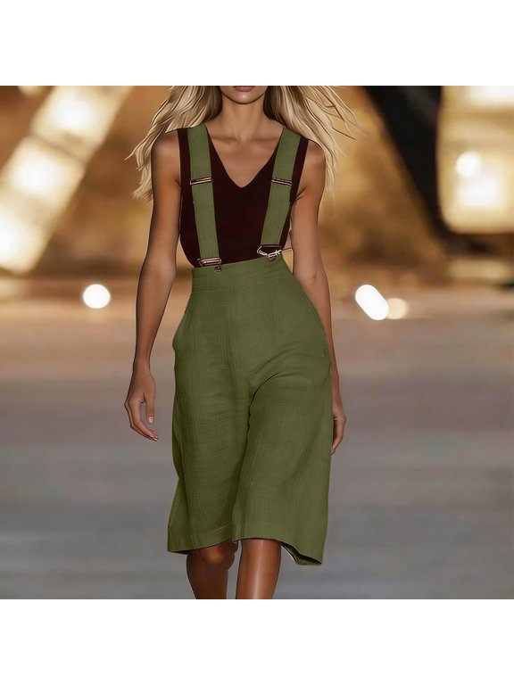 Womens Jumpsuit, Solid Linen Blend Halter Neck Romper, Elastic Waist Shorts Overall with Pockets, Casual Summer One Piece Gift