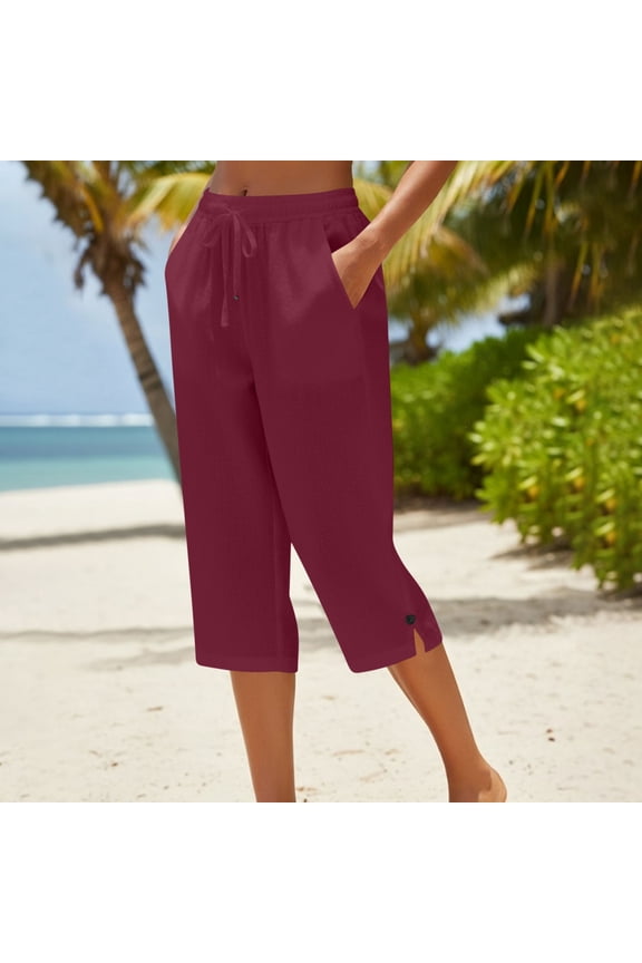 Womens Linen Blend Cropped Pants, Button Fly Elastic Waist Casual Straight Leg Trousers, Loose Comfy Capris Gift