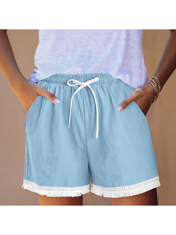 Womens Linen Shorts, Solid Floral Embroidered Trim Casual Shorts, Elastic Waist Beach Bottoms with Pockets, Breathable Summer Home Wear Gift