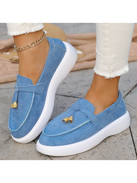 Womens Lug Sole Platform Mid Chunky Heel Loafers Classic Round Toe Slip On Office Uniform Oxfords Shoes with Metal Chain Gift