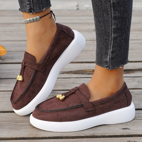 Xucatan Womens Lug Sole Platform Mid Chunky Heel Loafers Classic Round Toe Slip On Office Uniform Oxfords Shoes with Metal Chain Gift