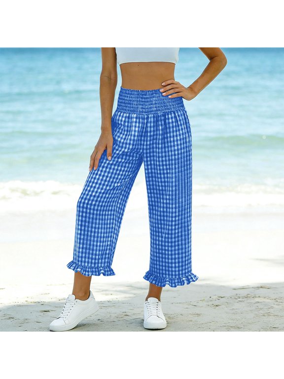 Womens Plaid Pants, Floral Embroidered Pocket Loose Trousers, Casual Summer Wide Leg Bottoms, High Waist Comfy Long Pants Gift