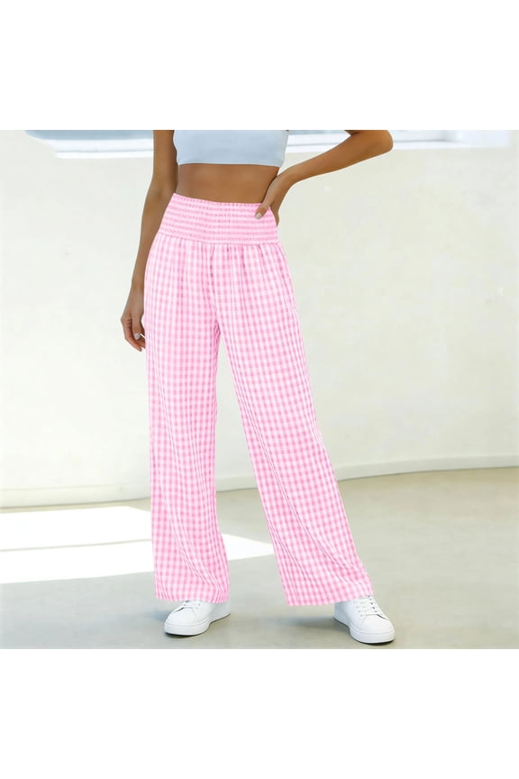 Womens Plaid Pants, Solid High Waisted Elastic Pocket Trousers, Casual Comfy Long Bottoms, Everyday Relaxed Fit Bottoms Gift