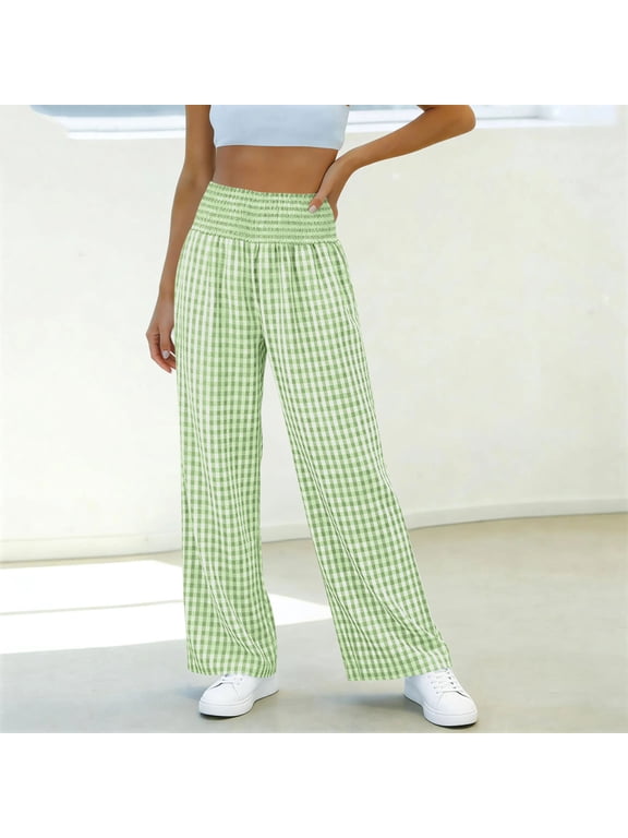 Womens Plaid Pants, Solid High Waisted Elastic Pocket Trousers, Casual Comfy Long Bottoms, Everyday Relaxed Fit Bottoms Gift
