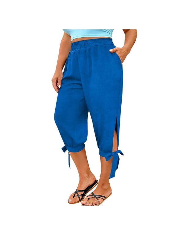 Womens Plus Size Cropped Pants, Solid Linen Blend Capris with Pockets, Casual Side Split Trousers, Loose Fit Summer Bottoms Gift