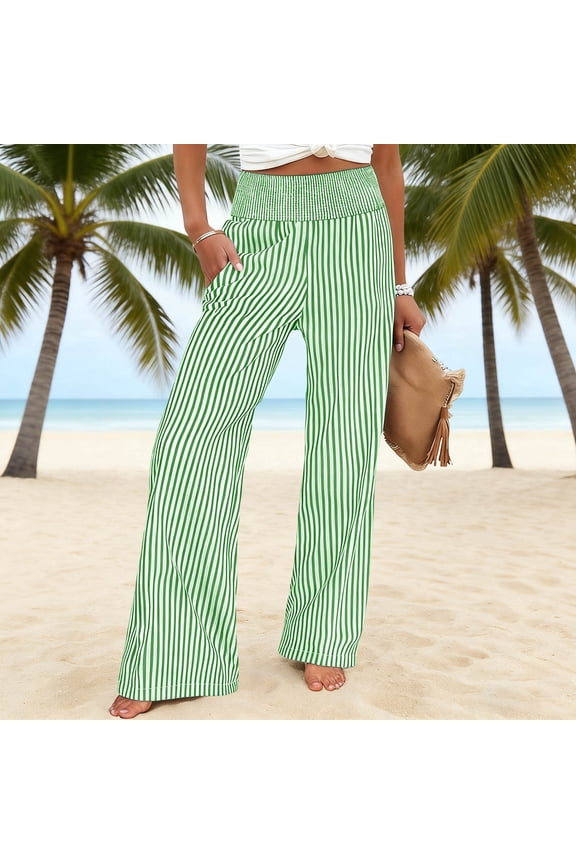 Womens Striped Pants, Loose High Waisted Straight Leg Trousers, Smocked Elastic Casual Long Bottoms, Breathable Summer Pants Gift