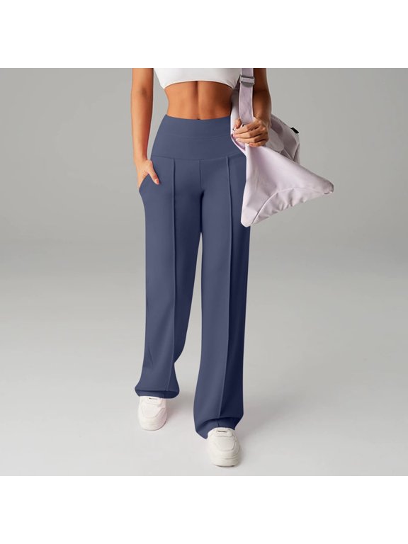 Womens Yoga Pants, Solid High Waisted Straight Leg Trousers, Casual Stretch Bottoms with Pockets, Breathable Wide Leg Long Pants Gift