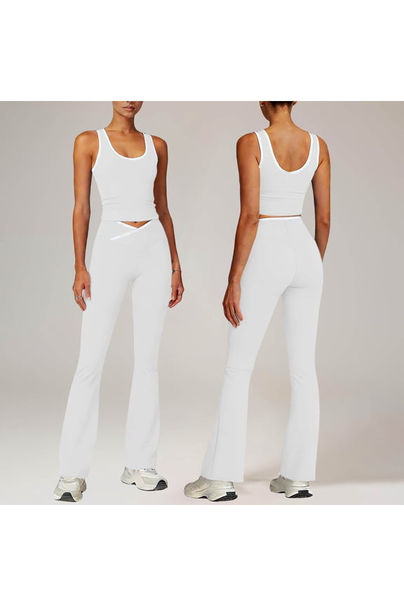 Womens Yoga Set, Sleeveless V Neck Twist Crop Top with Flared Pants, Off Shoulder Gym Activewear Outfit Gift