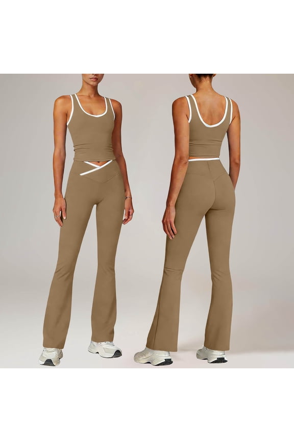 Womens Yoga Set, Sleeveless V Neck Twist Crop Top with Flared Pants, Off Shoulder Gym Activewear Outfit Gift