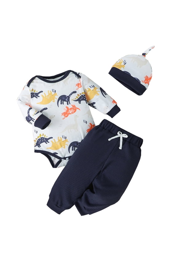 0-3 Months Baby Boy Clothes Dinosaur Print Cotton Rompers Pants Hat 3pcs Sets Preemie Boy Clothes 3-6 Months Blue