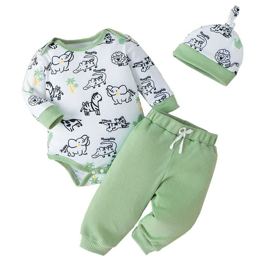 Xudanell 0-3 Months Baby Boy Clothes Dinosaur Print Cotton Rompers Pants Hat 3pcs Sets Preemie Boy Clothes 12-18 Months Green