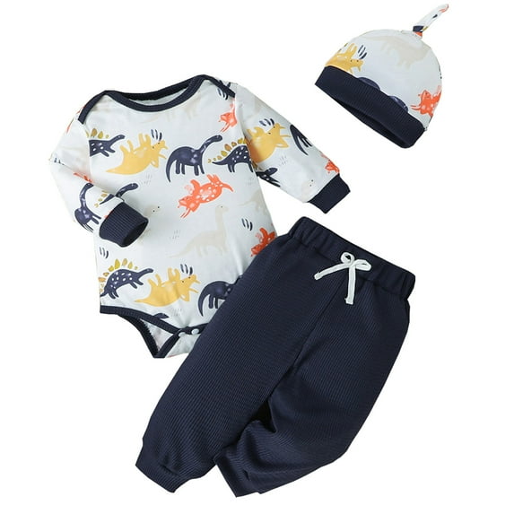 Xudanell 0-3 Months Baby Boy Clothes Dinosaur Print Cotton Rompers Pants Hat 3pcs Sets Preemie Boy Clothes 9-12 Months Blue