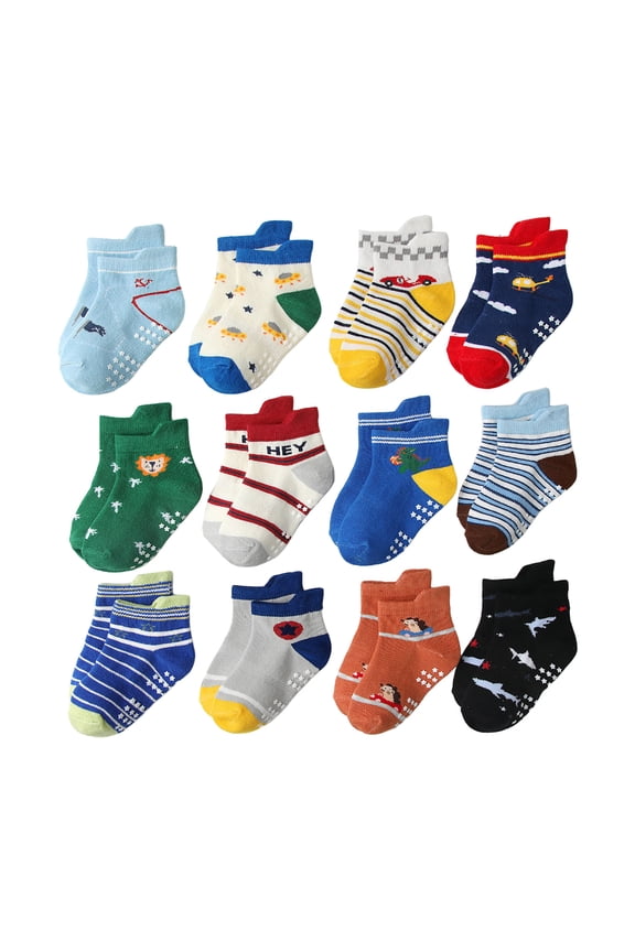 Xudanell 12PC Kids Socks 6-8 Years Old Pattern Girls Boys Dress Socks Cute Print Knit Kids Socks 0-7Y