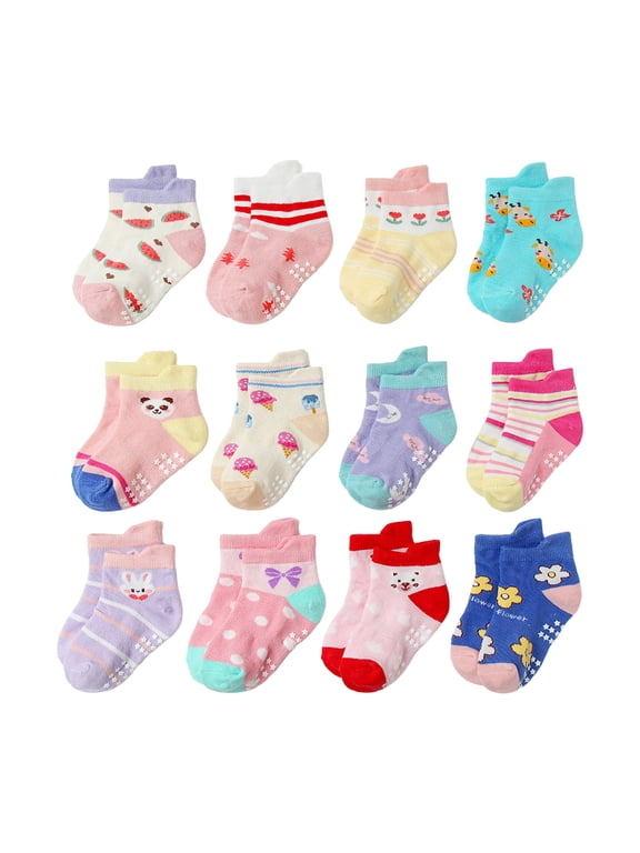 Xudanell 12PC Kids Socks 6-8 Years Old Pattern Girls Boys Dress Socks Cute Print Knit Kids Socks 0-7Y